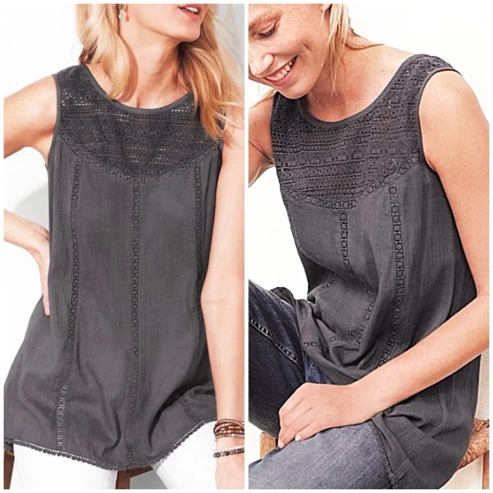 Garnet Hill Lace Yoke Sleeveless Tunic, Lagenlook Cotton Gauze Boho 10/Med